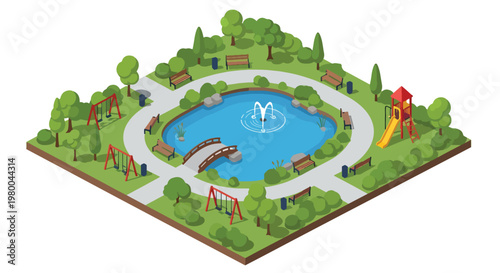 3D isometric view flat style illustration of green public park with pond, trees, walking paths and benches, peaceful outdoor urban recreation environment