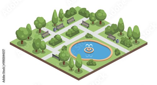3D isometric view flat style illustration of green public park with pond, trees, walking paths and benches, peaceful outdoor urban recreation environment