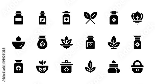 Collection of black icons representing natural remedies and organic products