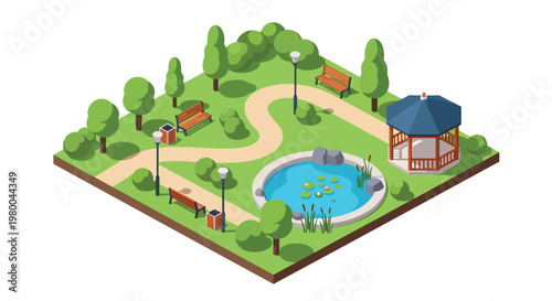 3D isometric view flat style illustration of green public park with pond, trees, walking paths and benches, peaceful outdoor urban recreation environment