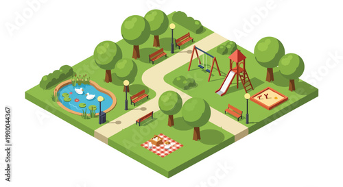 3D isometric view flat style illustration of green public park with pond, trees, walking paths and benches, peaceful outdoor urban recreation environment