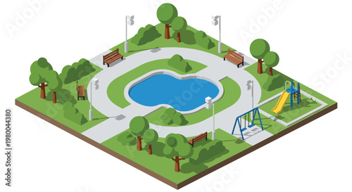 3D isometric view flat style illustration of green public park with pond, trees, walking paths and benches, peaceful outdoor urban recreation environment