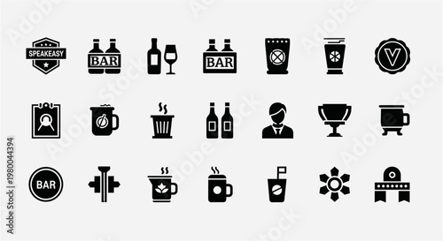 Collection of bar and beverage icons representing drinks, service, and awards