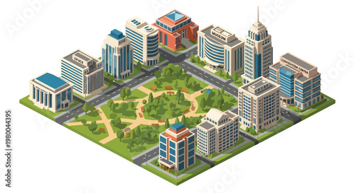 3D isometric view flat style illustration of modern city skyline with skyscrapers surrounding a green urban park, featuring trees, benches, and pathways in a clean minimal environment