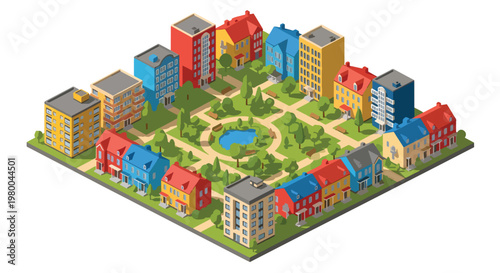 3D isometric view flat style illustration of residential neighborhood with houses, apartments, green park and organized community living environment