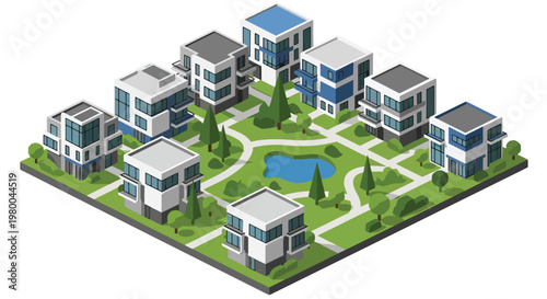 3D isometric view flat style illustration of residential neighborhood with houses, apartments, green park and organized community living environment