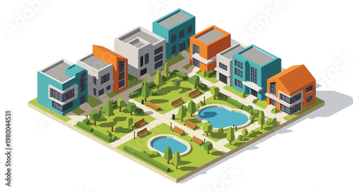 3D isometric view flat style illustration of residential neighborhood with houses, apartments, green park and organized community living environment