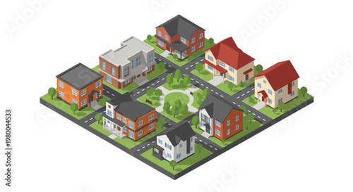 3D isometric view flat style illustration of residential neighborhood with houses, apartments, green park and organized community living environment