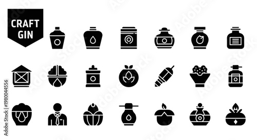 Craft Gin Icons Representing Distillation and Botanicals