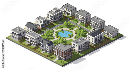 3D isometric view flat style illustration of residential neighborhood with houses, apartments, green park and organized community living environment