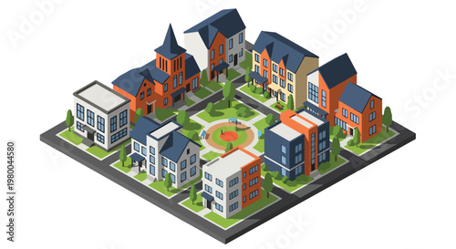 3D isometric view flat style illustration of residential neighborhood with houses, apartments, green park and organized community living environment