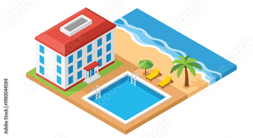 3D isometric view flat style illustration of tropical beach resort with hotel, swimming pool, palm trees and ocean view, luxury vacation destination