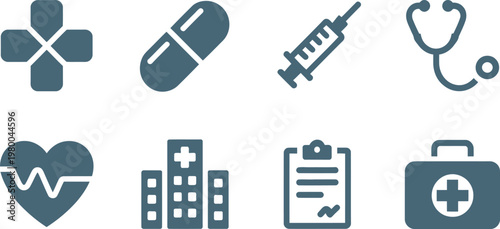 Set of essential medical and healthcare icons featuring pharmaceutical supplies and professional clinical equipment for diagnostics