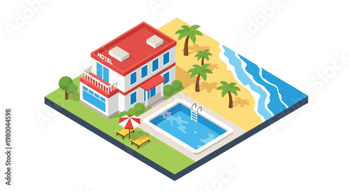 3D isometric view flat style illustration of tropical beach resort with hotel, swimming pool, palm trees and ocean view, luxury vacation destination