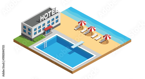 3D isometric view flat style illustration of tropical beach resort with hotel, swimming pool, palm trees and ocean view, luxury vacation destination
