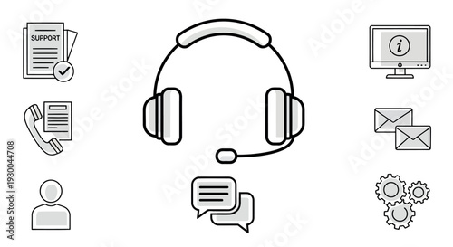 Customer support icons: headset chat bubbles computer monitor emails gears with call center help desk technical support customer service customer care support icon communication icon computer