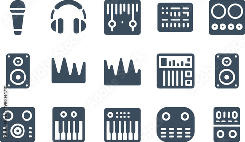 Set of musical equipment icons featuring studio recording gear audio mixing consoles and sound production devices