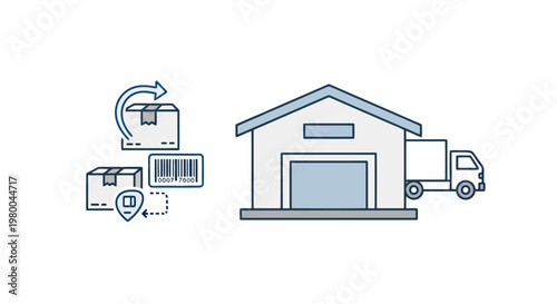 Logistics and delivery icons: warehouse truck barcode boxes shield for protection a circular arrow indicating return with supply chain e commerce online shopping logistics delivery shipping