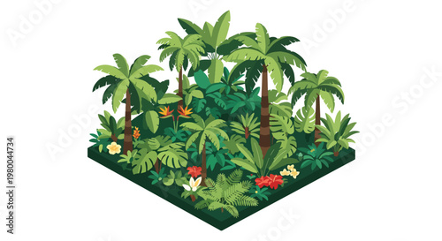 3D isometric view flat style illustration of dense tropical jungle forest with trees and plants, natural ecosystem environment full of greenery
