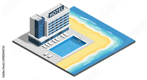 3D isometric view flat style illustration of tropical beach resort with hotel, swimming pool, palm trees and ocean view, luxury vacation destination