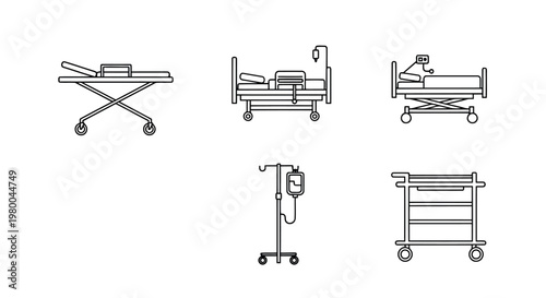 Medical equipment line art collection: hospital bed stretcher iv stand and cart iv stand wheeled bed adjustable bed medical supplies examination bed medical trolley medical transport