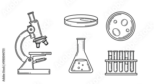 Scientific laboratory instruments: microscope flask petri dish test tubes with conical flask laboratory equipment research tools optical instrument science lab work laboratory microscope