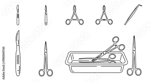 Surgical instruments set: scalpels forceps scissors and tray with medical tray medical supplies line art white background medical tools surgical procedure scissors operation healthcare