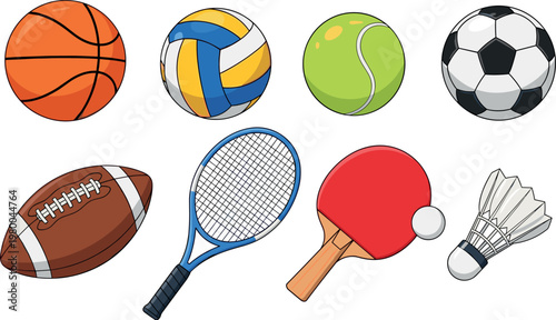 Collection of popular sports equipment balls and gear including basketball football tennis volleyball racket shuttlecock isolated illustration set