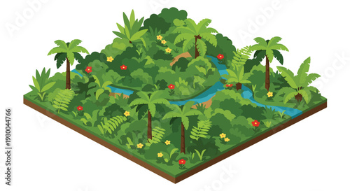 3D isometric view flat style illustration of dense tropical jungle forest with trees and plants, natural ecosystem environment full of greenery