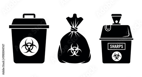 Biohazard waste disposal: bin bag and sharps container trash bin medical waste hazardous material line art black and white contamination prevention waste management infectious waste disposal