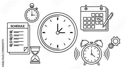 Time management and schedule icons: clock calendar hourglass alarm with schedule icon business icon work icon productivity icon efficiency icon planning icon organization icon to do list