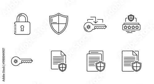 Digital security and access icons: padlock shield keys with line art white background online security digital protection access control security password protection confidential illustration