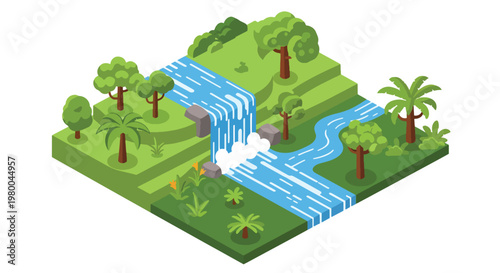 3D isometric view flat style illustration of waterfall flowing through rocks and forest, scenic natural landscape with fresh water environment