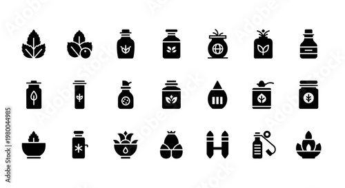 Collection of herbal and natural product icons for health and wellness applications