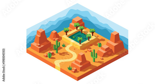 3D isometric view flat style illustration of desert oasis with palm trees, water pool and sandy terrain, arid landscape survival environment