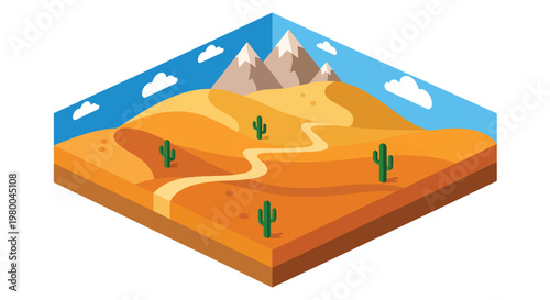 3D isometric view flat style illustration of desert oasis with palm trees, water pool and sandy terrain, arid landscape survival environment