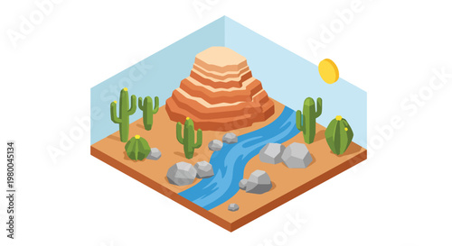 3D isometric view flat style illustration of desert oasis with palm trees, water pool and sandy terrain, arid landscape survival environment