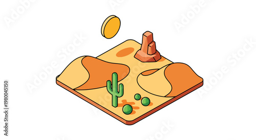 3D isometric view flat style illustration of desert oasis with palm trees, water pool and sandy terrain, arid landscape survival environment