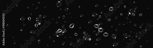 Realistic oxygen bubbles with sparkling fizz in water on black background.