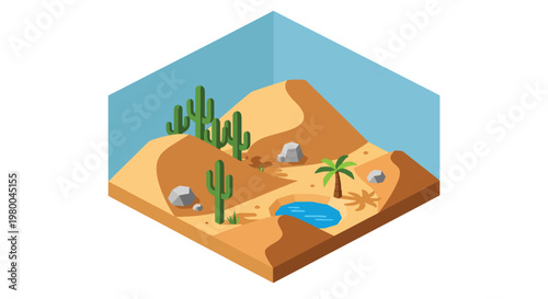 3D isometric view flat style illustration of desert oasis with palm trees, water pool and sandy terrain, arid landscape survival environment