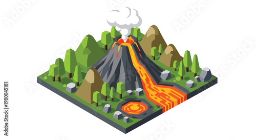 3D isometric view flat style illustration of erupting volcano with lava flow, smoke and mountains, dramatic natural disaster and geology concept