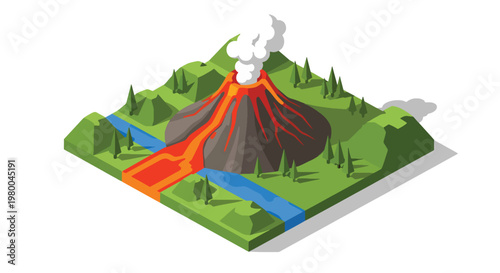 3D isometric view flat style illustration of erupting volcano with lava flow, smoke and mountains, dramatic natural disaster and geology concept