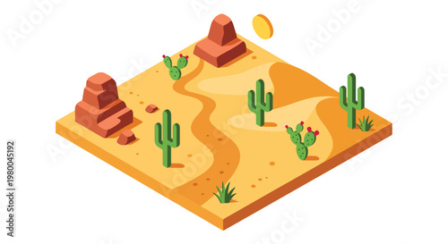 3D isometric view flat style illustration of desert oasis with palm trees, water pool and sandy terrain, arid landscape survival environment