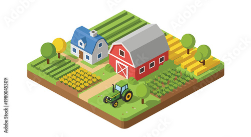 3D isometric view flat style illustration of agricultural farm with barn, crops and tractor, rural countryside farming and food production environment