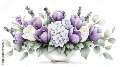 Floral arrangement with purple tulips, white roses, and lavender sprigs
