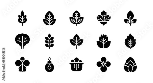 Collection of stylized plant and agriculture icons in black and white