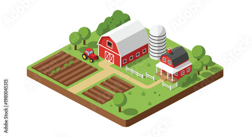 3D isometric view flat style illustration of agricultural farm with barn, crops and tractor, rural countryside farming and food production environment
