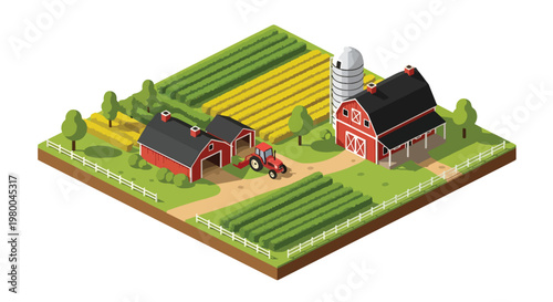 3D isometric view flat style illustration of agricultural farm with barn, crops and tractor, rural countryside farming and food production environment