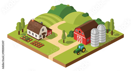 3D isometric view flat style illustration of agricultural farm with barn, crops and tractor, rural countryside farming and food production environment
