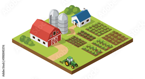 3D isometric view flat style illustration of agricultural farm with barn, crops and tractor, rural countryside farming and food production environment